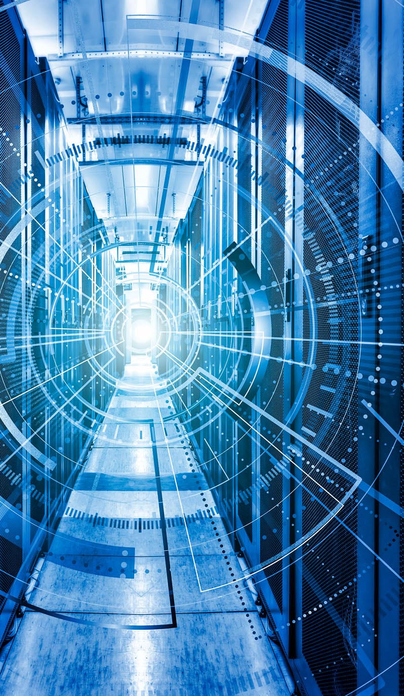 Modern digital graph holograms flying over server room data center