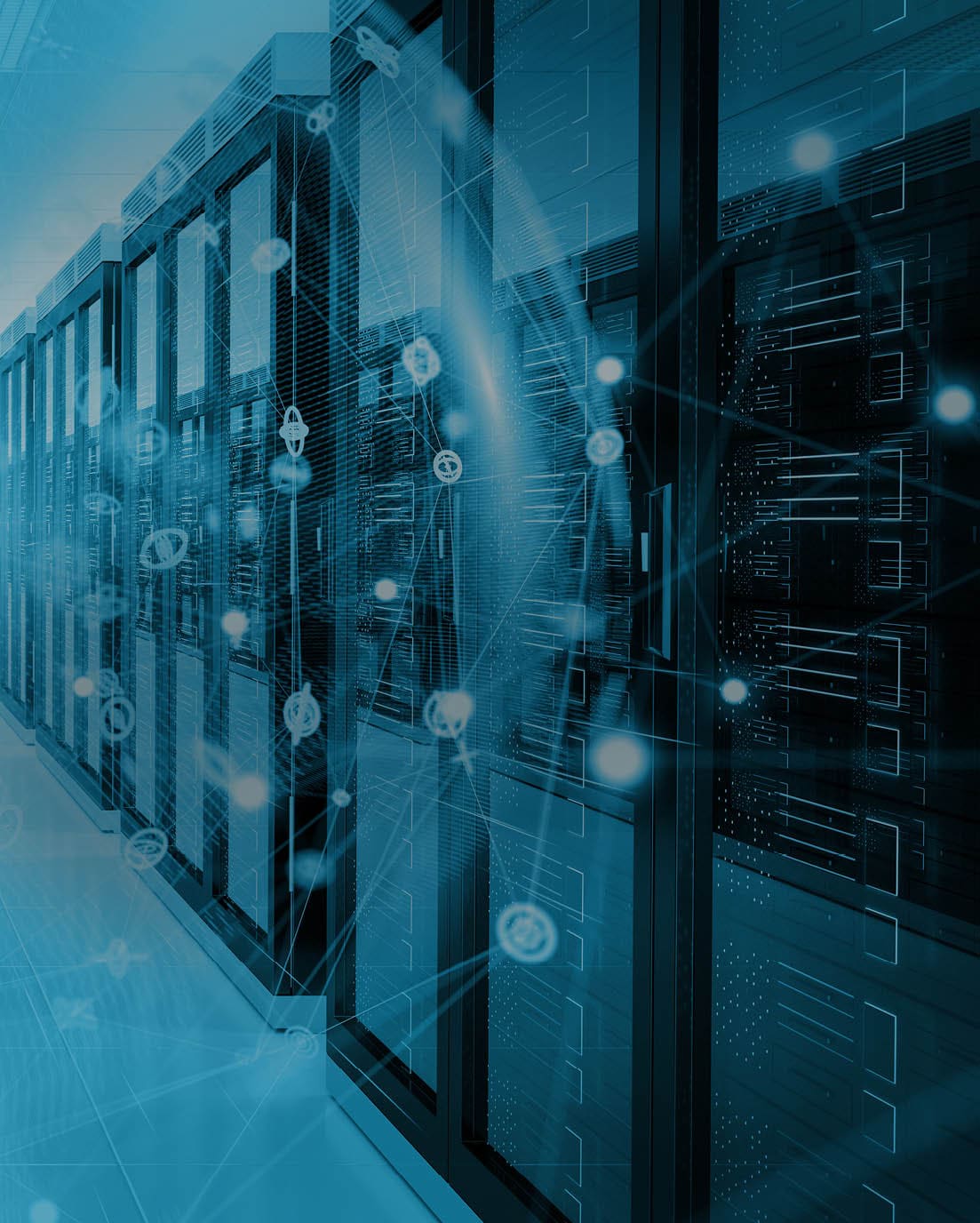 Digital white Earth network flying over server room data center 3D rendering